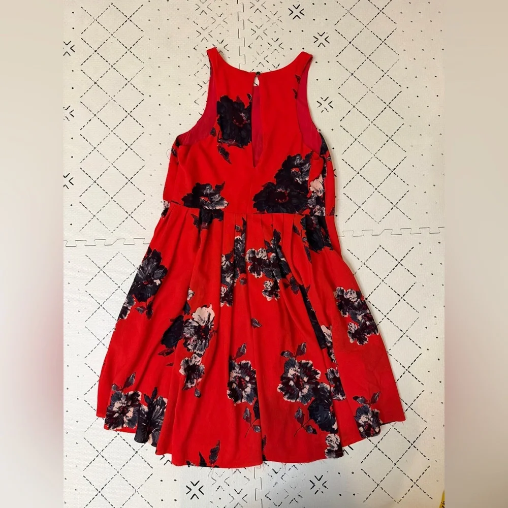 Free People Flutterby Cherry Red Floral Fit &‎ Flare Dress Womens 6
